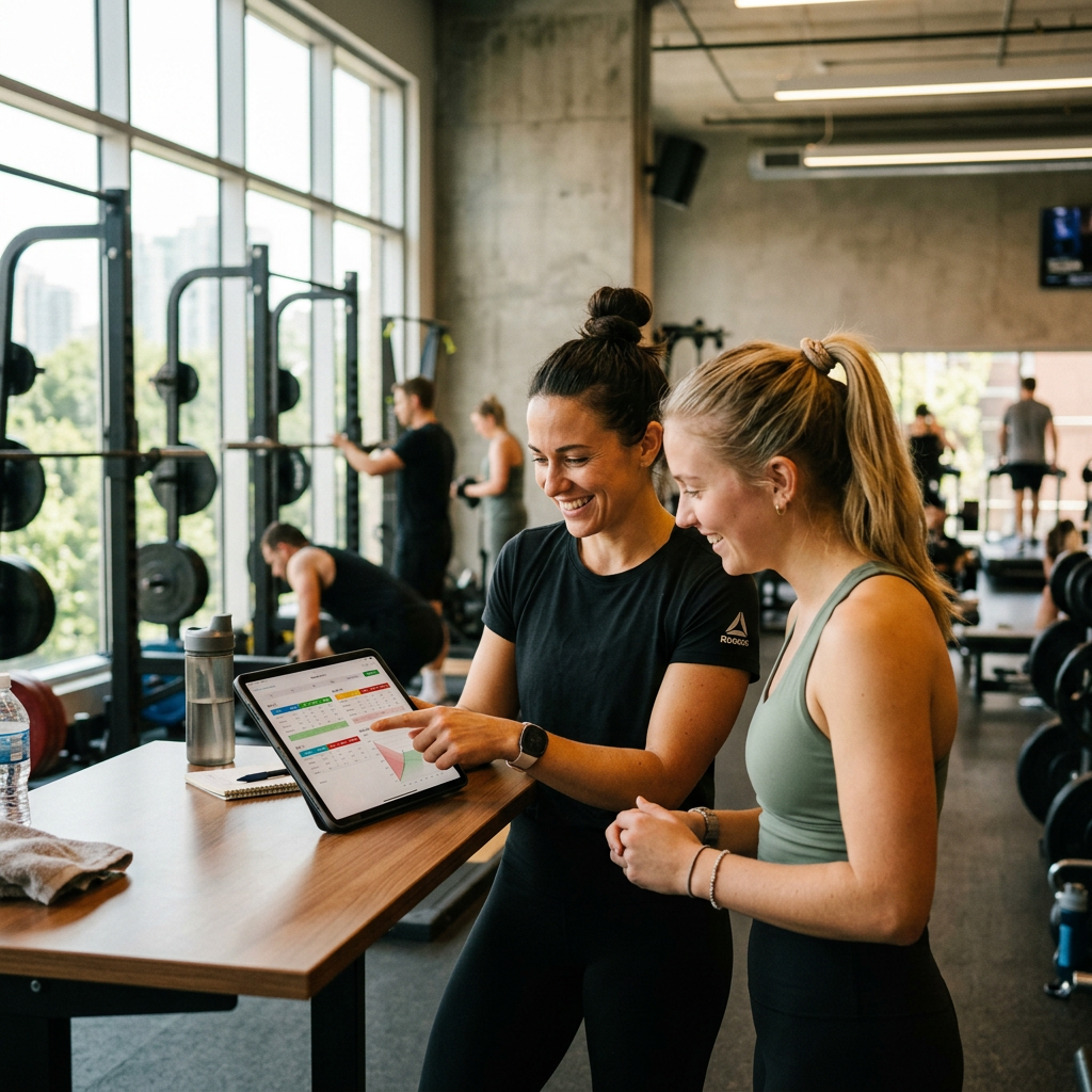 Certified Personal trainer in OC reviewing a custom workout plan on a tablet with a clien
