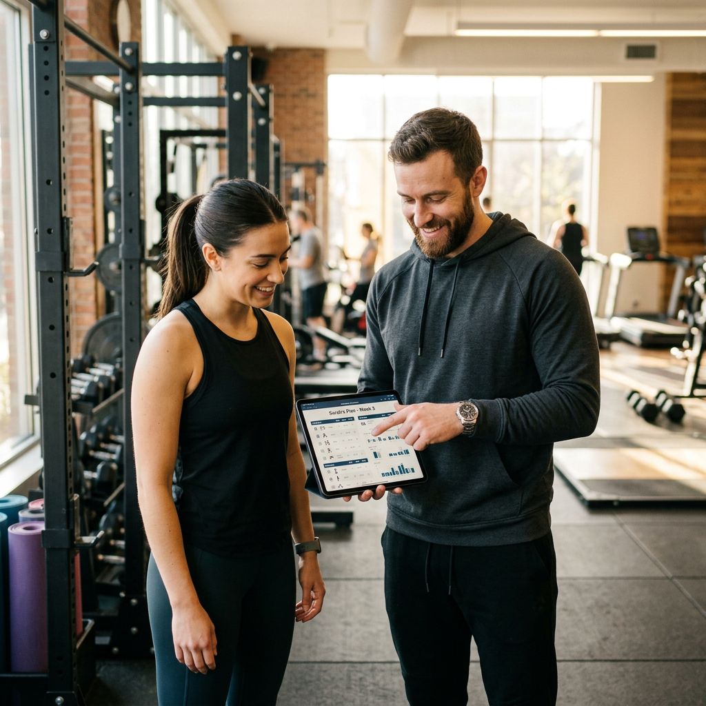 What does a personal trainer do Personal trainer reviewing a custom workout plan on a tablet with a client